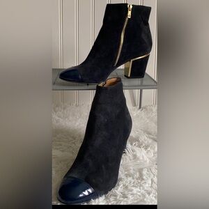 CK dark blue suede patent leather cap toe stacked heel ankle boots booties